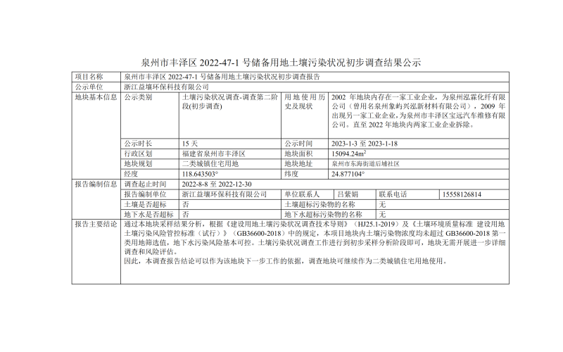 泉州市丰泽区2022-47-1号储备用地士壤污染状况初步调查结果公示