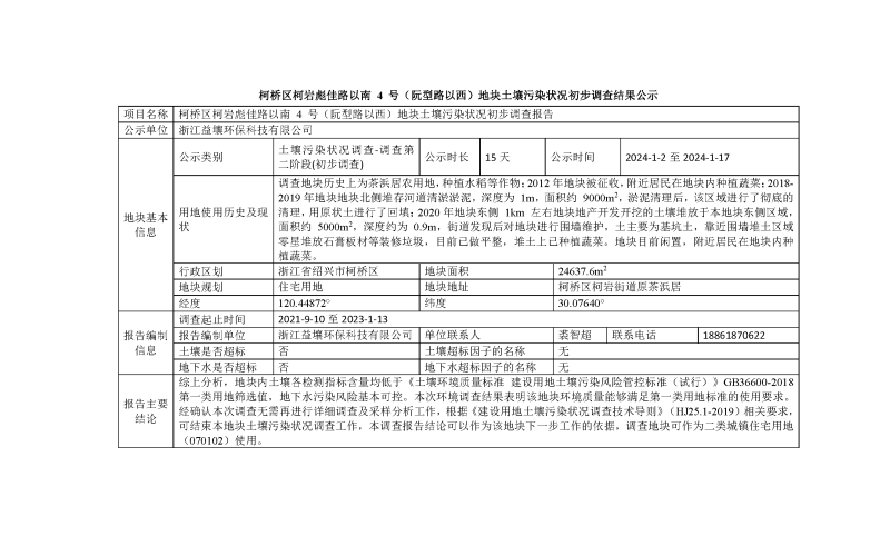 柯桥区柯岩彪佳路以南 4 号（阮型路以西）地块土壤污染状况初步调查结果公示