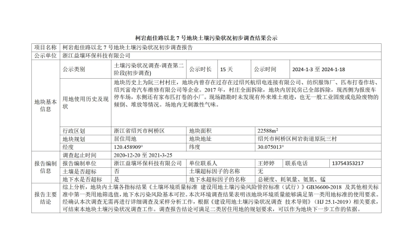 彪佳路以北7号地块土壤污染状况初步调查结果公示