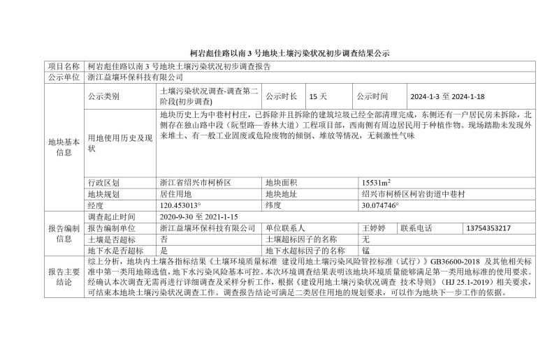 彪佳路以南3号地块土壤污染状况初步调查结果公示