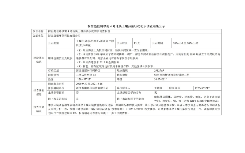 柯岩彪佳路以南4号地块土壤污染状况初步调查结果公示