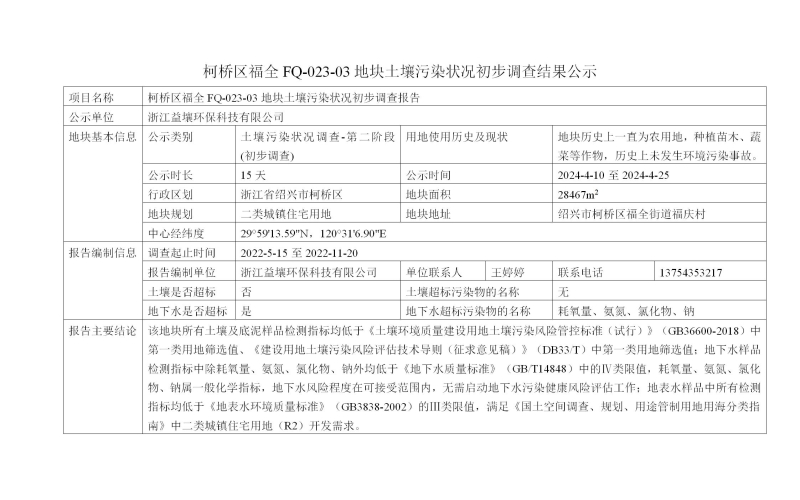 柯桥区福全FQ-023-03地块土壤污染状况初步调查结果公示