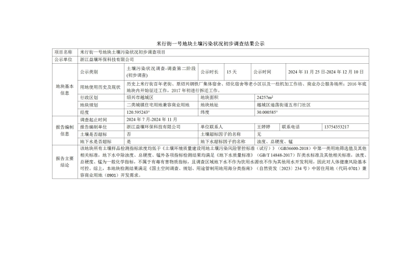 米行街一号地块土壤污染状况初步调查结果公示